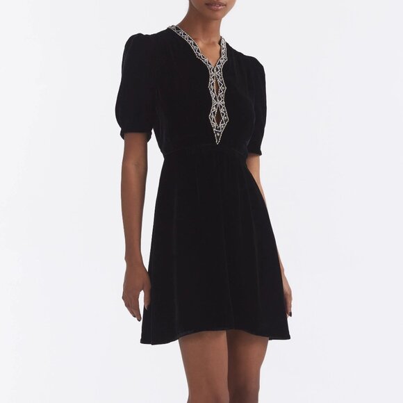 Saloni Tabitha Velvet Mini Dress Black Diamante Embroidery Beaded Crystal US 8 - Picture 1 of 16
